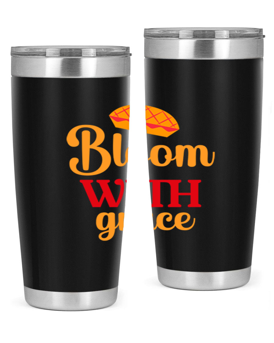 Bloom with Grace 20oz Tumbler in stainless steel with floral design, showcasing its double wall vacuum insulation and drink-thru lid.