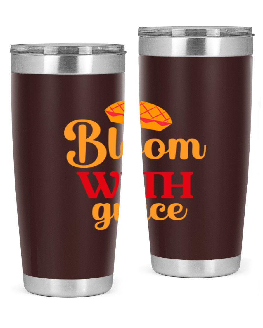 Bloom with Grace 20oz Tumbler in stainless steel with floral design, showcasing its double wall vacuum insulation and drink-thru lid.