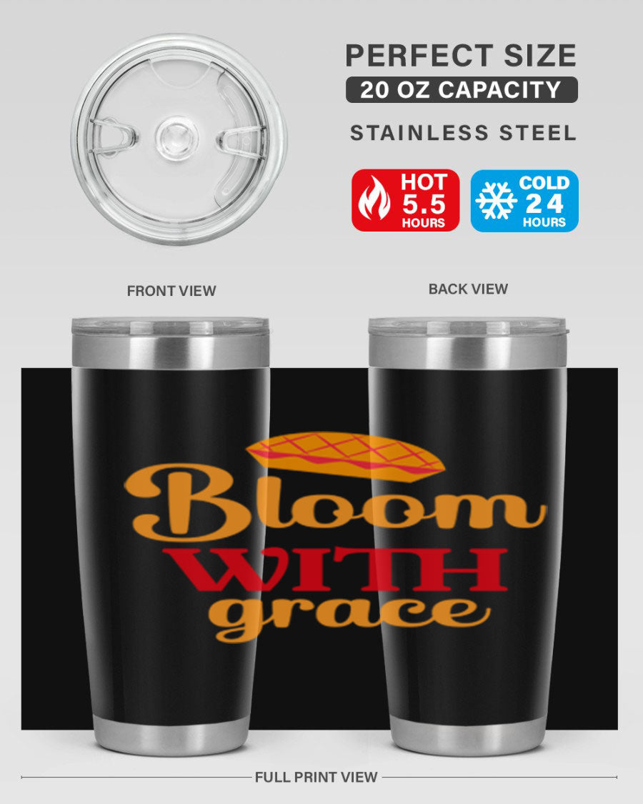 Bloom with Grace 20oz Tumbler in stainless steel with floral design, showcasing its double wall vacuum insulation and drink-thru lid.