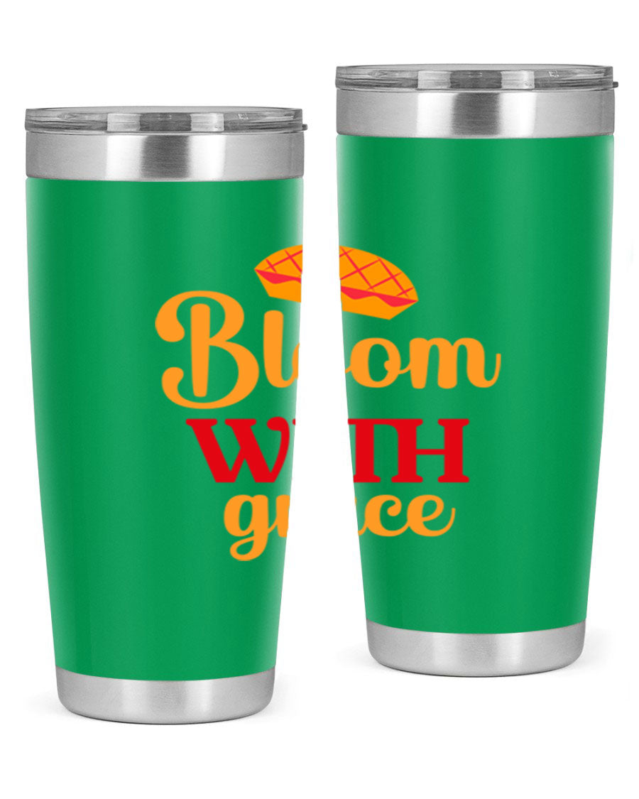 Bloom with Grace 20oz Tumbler in stainless steel with floral design, showcasing its double wall vacuum insulation and drink-thru lid.