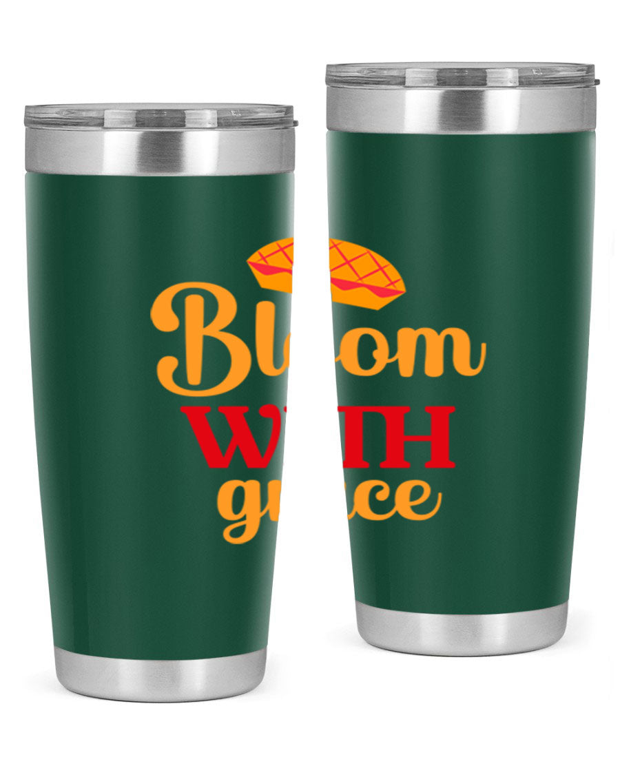 Bloom with Grace 20oz Tumbler in stainless steel with floral design, showcasing its double wall vacuum insulation and drink-thru lid.