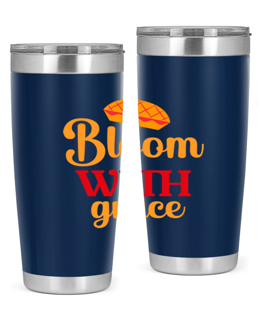 Bloom with Grace 20oz Tumbler in stainless steel with floral design, showcasing its double wall vacuum insulation and drink-thru lid.