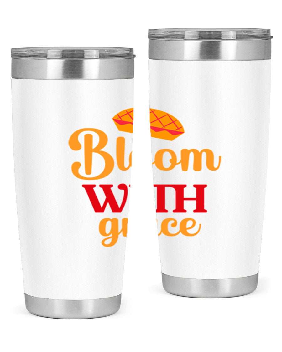 Bloom with Grace 20oz Tumbler in stainless steel with floral design, showcasing its double wall vacuum insulation and drink-thru lid.