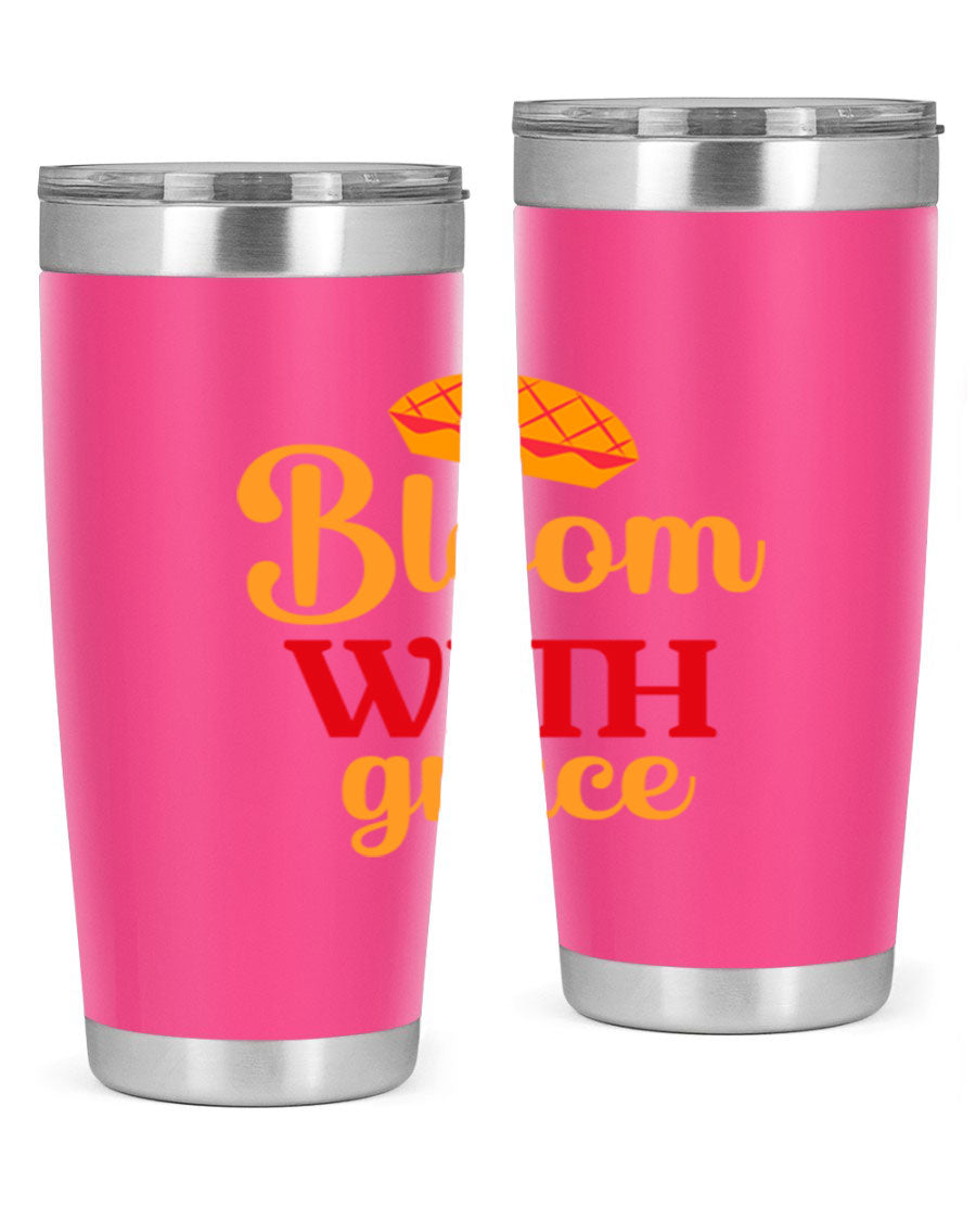 Bloom with Grace 20oz Tumbler in stainless steel with floral design, showcasing its double wall vacuum insulation and drink-thru lid.