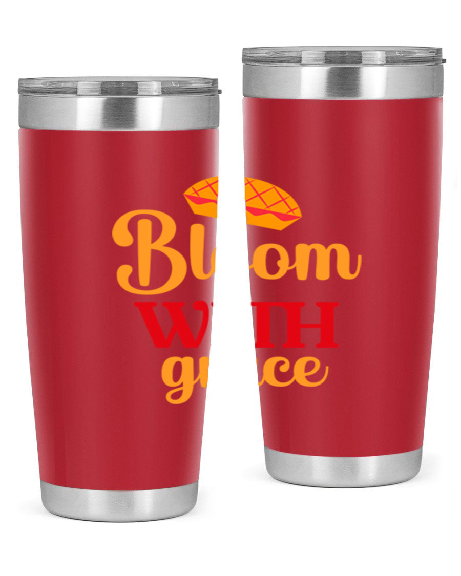 Bloom with Grace 20oz Tumbler in stainless steel with floral design, showcasing its double wall vacuum insulation and drink-thru lid.