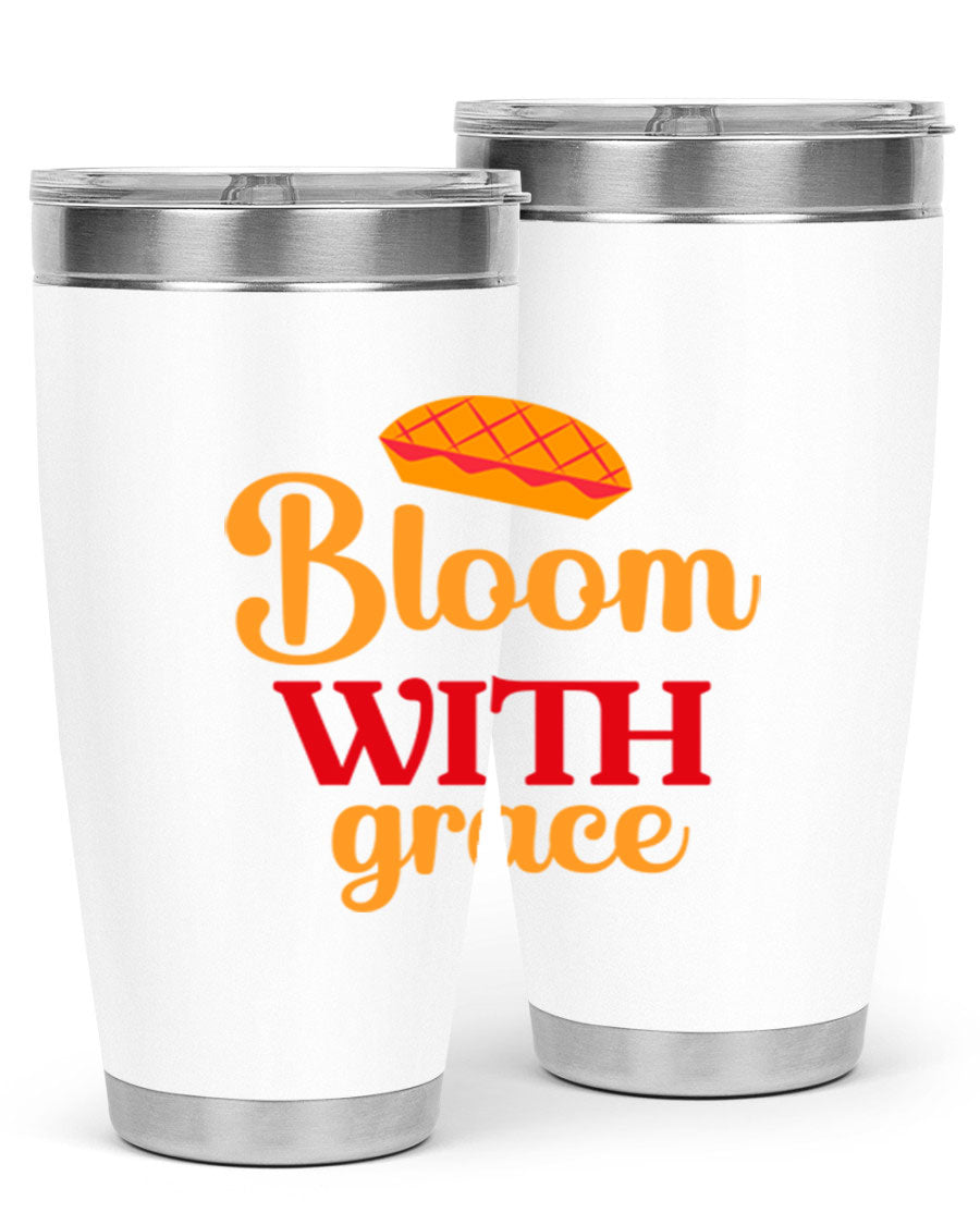 Bloom with Grace 20oz Tumbler in stainless steel with floral design, showcasing its double wall vacuum insulation and drink-thru lid.