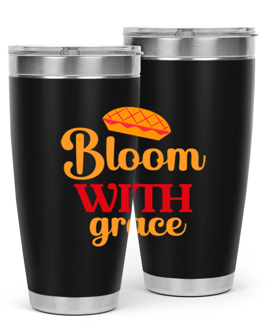 Bloom with Grace 20oz Tumbler in stainless steel with floral design, showcasing its double wall vacuum insulation and drink-thru lid.