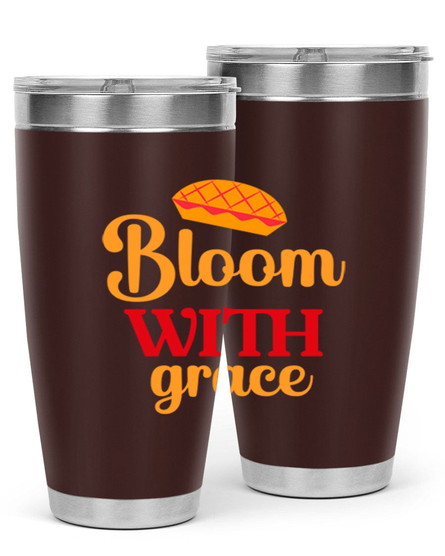 Bloom with Grace 20oz Tumbler in stainless steel with floral design, showcasing its double wall vacuum insulation and drink-thru lid.