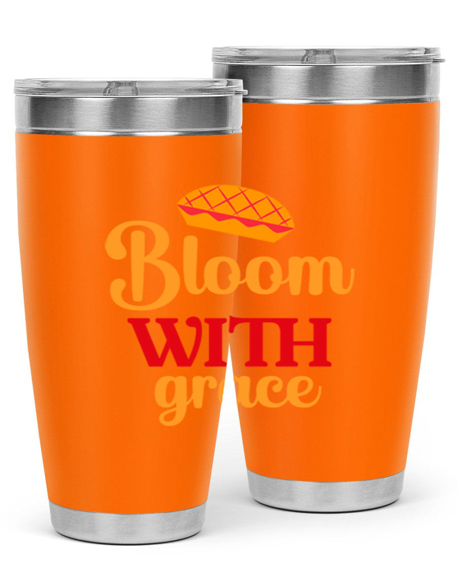 Bloom with Grace 20oz Tumbler in stainless steel with floral design, showcasing its double wall vacuum insulation and drink-thru lid.