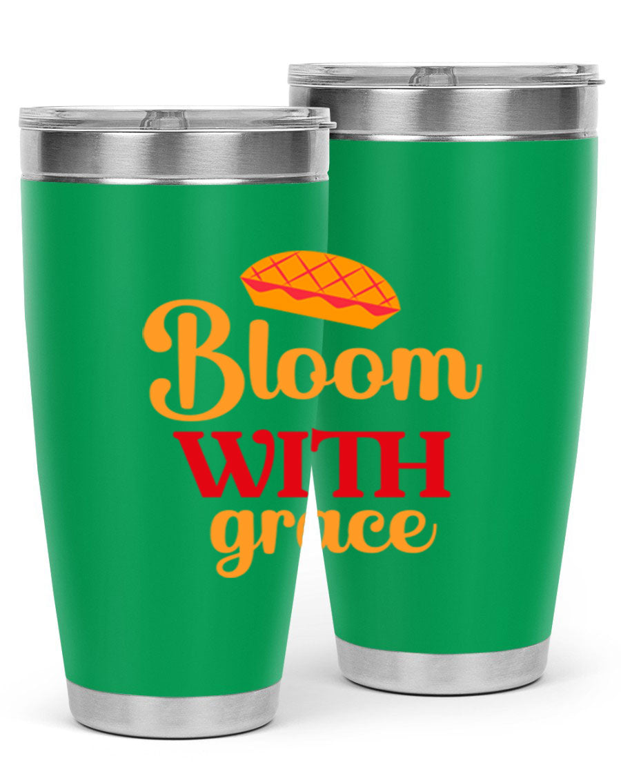 Bloom with Grace 20oz Tumbler in stainless steel with floral design, showcasing its double wall vacuum insulation and drink-thru lid.