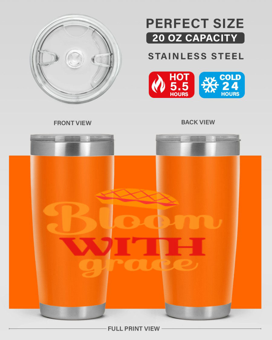 Bloom with Grace 20oz Tumbler in stainless steel with floral design, showcasing its double wall vacuum insulation and drink-thru lid.