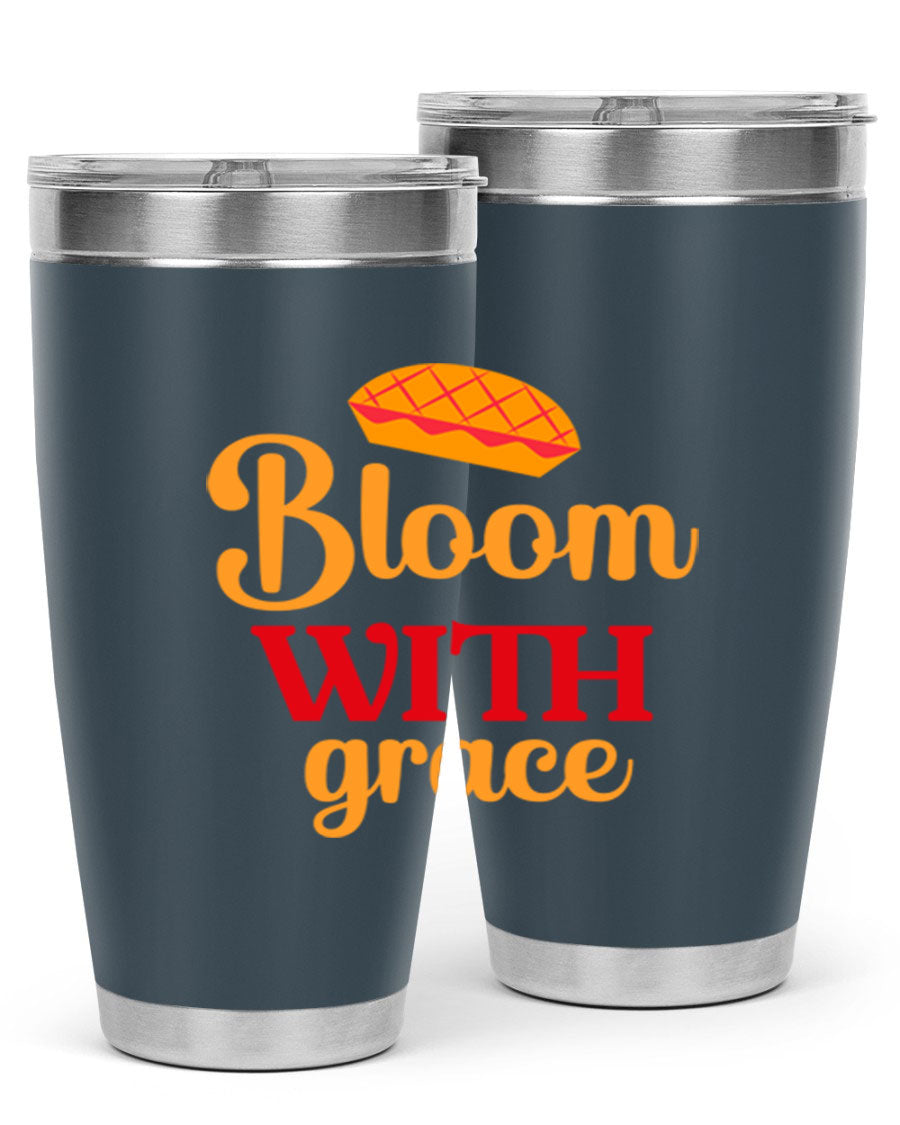 Bloom with Grace 20oz Tumbler in stainless steel with floral design, showcasing its double wall vacuum insulation and drink-thru lid.