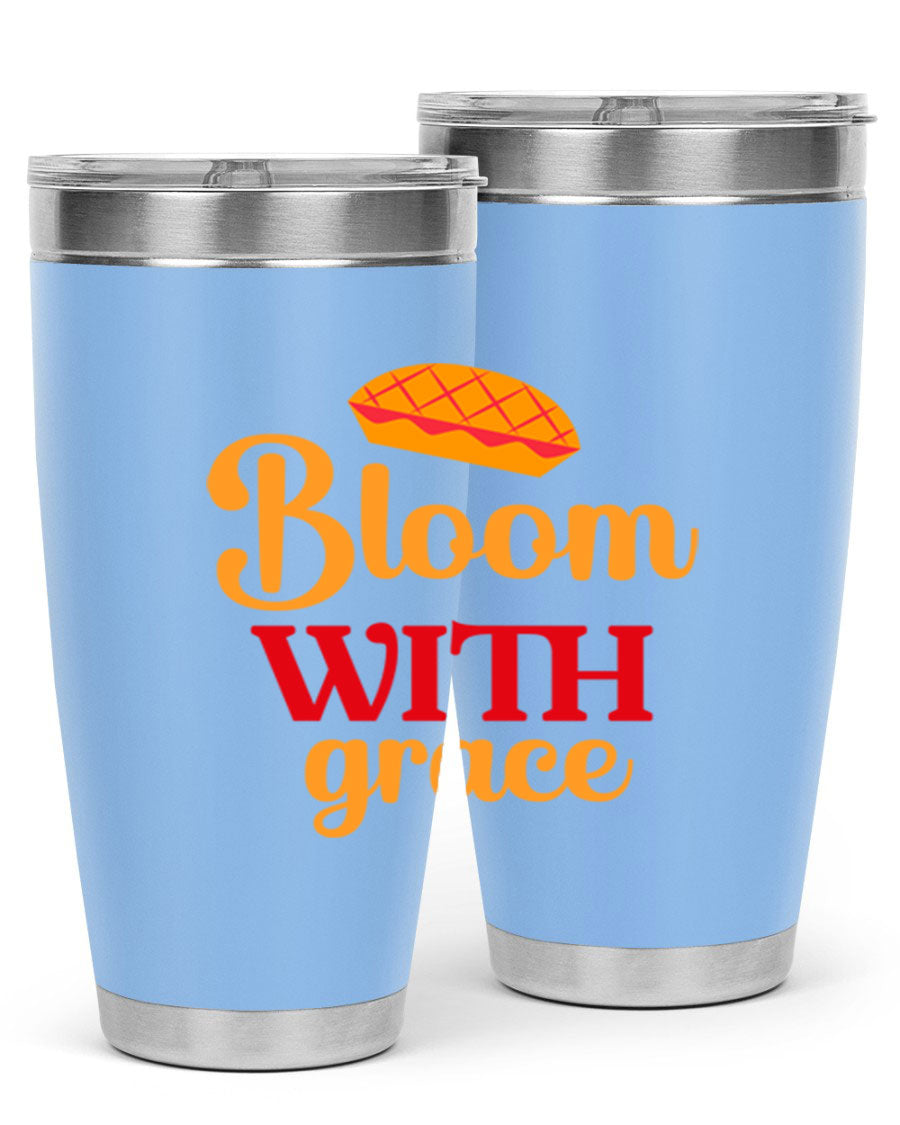 Bloom with Grace 20oz Tumbler in stainless steel with floral design, showcasing its double wall vacuum insulation and drink-thru lid.