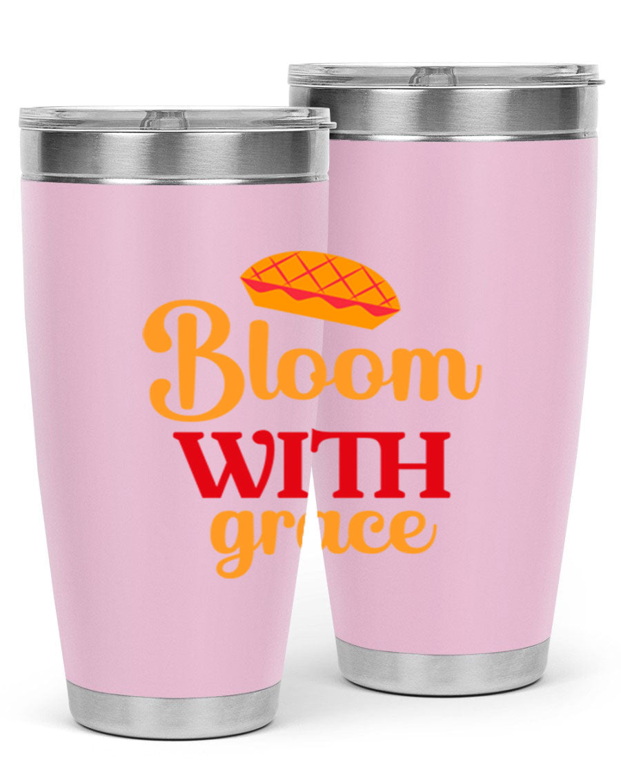 Bloom with Grace 20oz Tumbler in stainless steel with floral design, showcasing its double wall vacuum insulation and drink-thru lid.