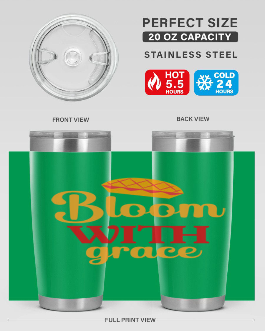 Bloom with Grace 20oz Tumbler in stainless steel with floral design, showcasing its double wall vacuum insulation and drink-thru lid.