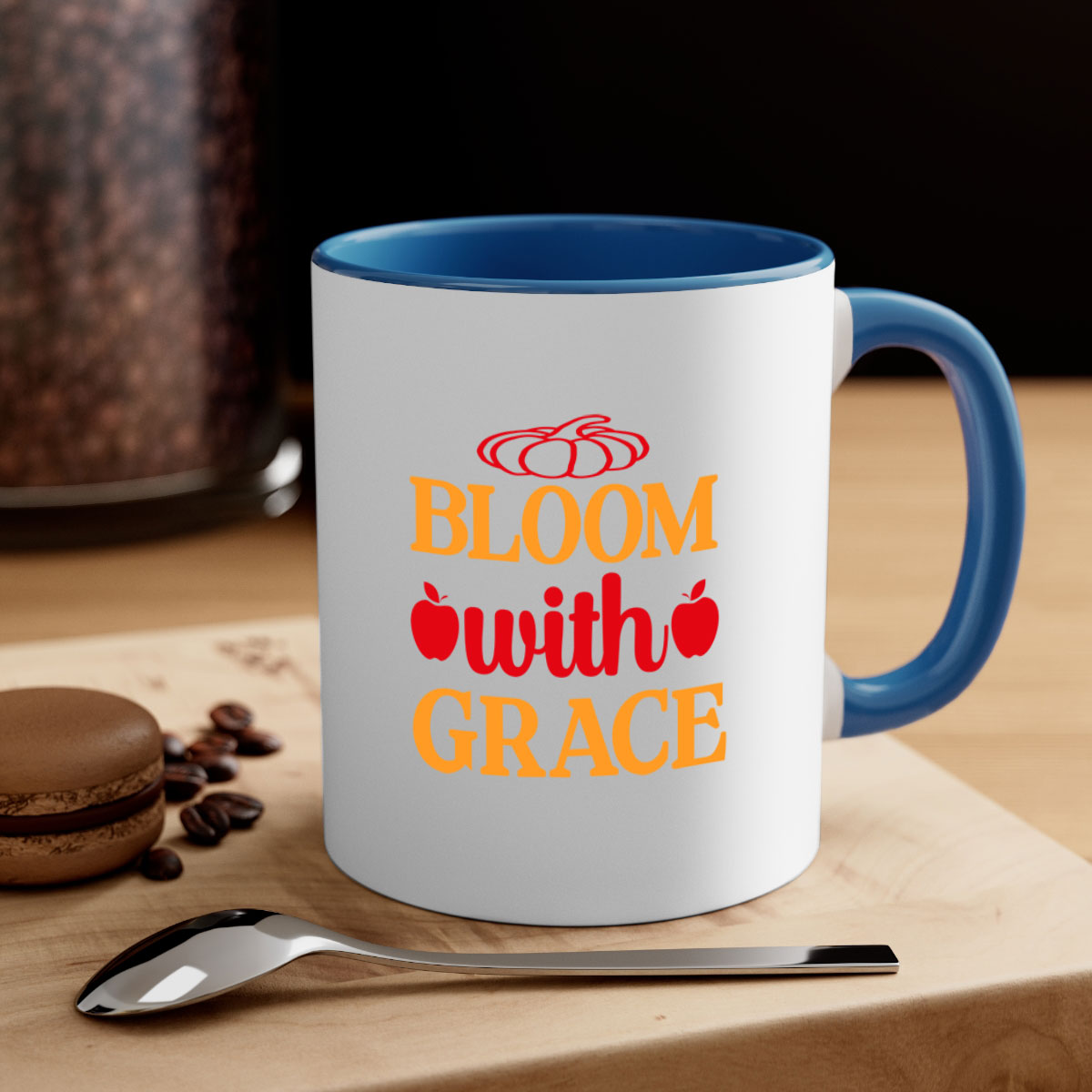 Bloom with Grace 82# Mug featuring a glossy finish, colored handle, and interior in five vibrant colors, perfect for coffee or tea.