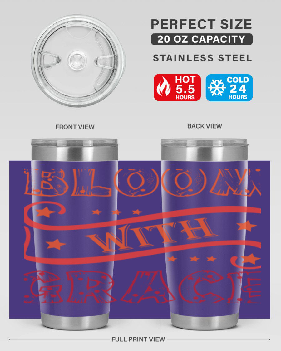 Bloom with Grace 20oz Tumbler in stainless steel with a vibrant floral design, featuring a press-in drink-thru lid.