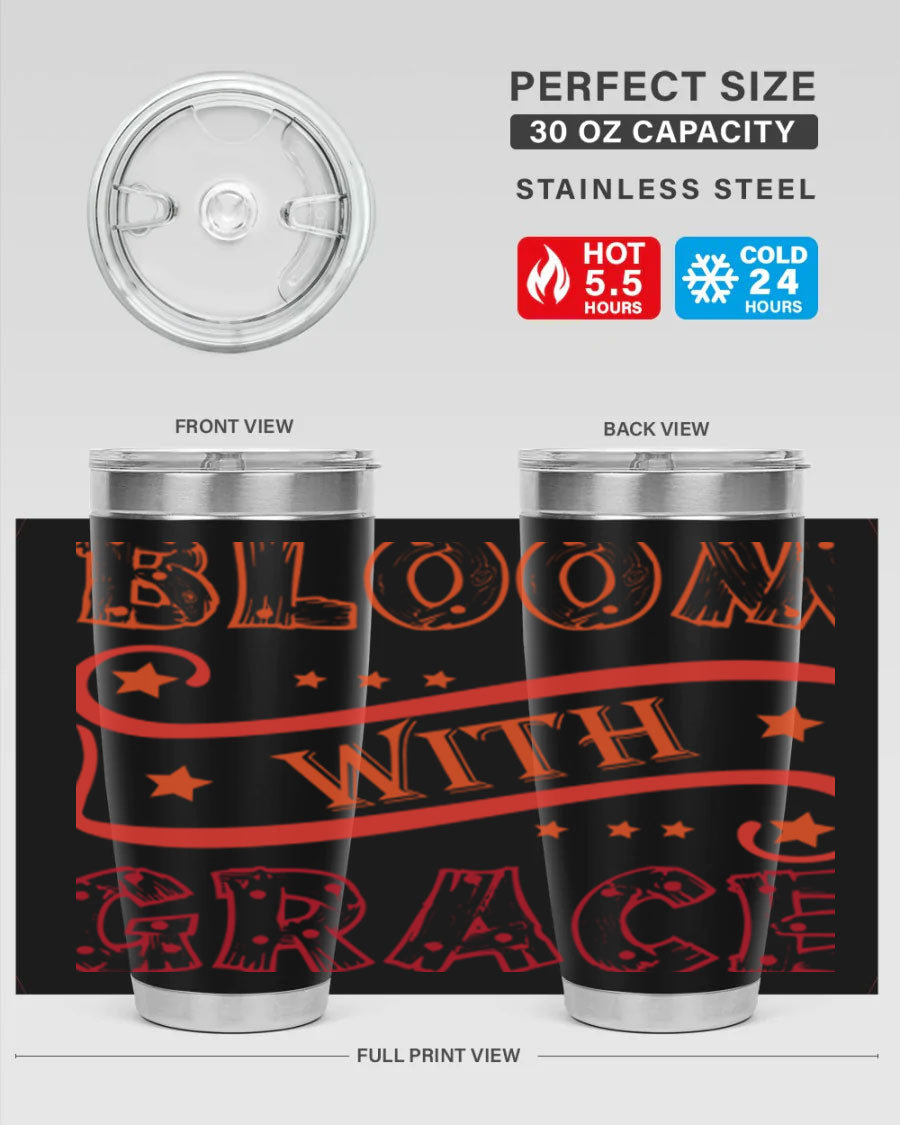 Bloom with Grace 20oz Tumbler in stainless steel with a vibrant floral design, featuring a press-in drink-thru lid.