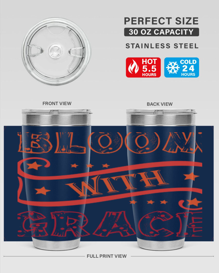 Bloom with Grace 20oz Tumbler in stainless steel with a vibrant floral design, featuring a press-in drink-thru lid.