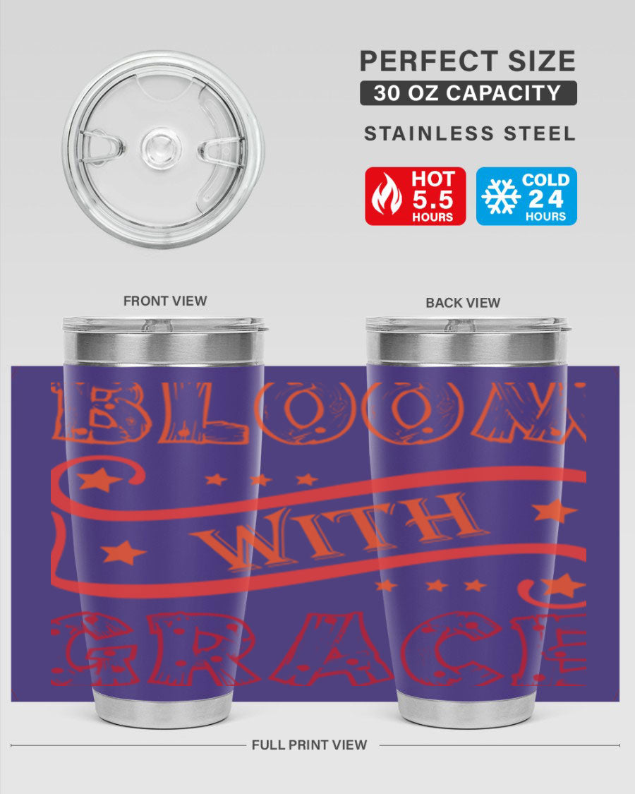 Bloom with Grace 20oz Tumbler in stainless steel with a vibrant floral design, featuring a press-in drink-thru lid.