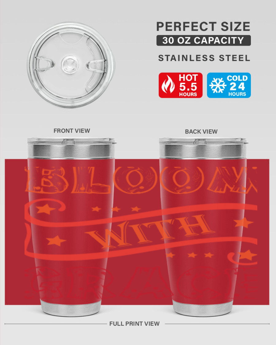 Bloom with Grace 20oz Tumbler in stainless steel with a vibrant floral design, featuring a press-in drink-thru lid.