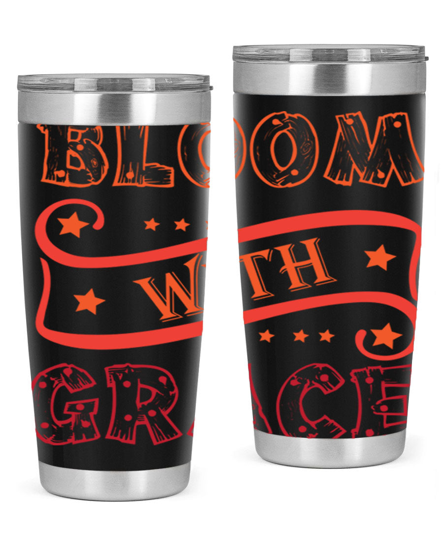 Bloom with Grace 20oz Tumbler in stainless steel with a vibrant floral design, featuring a press-in drink-thru lid.