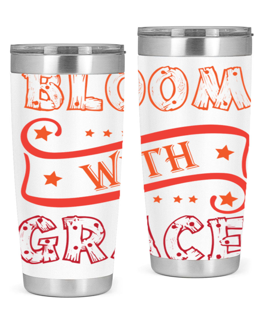 Bloom with Grace 20oz Tumbler in stainless steel with a vibrant floral design, featuring a press-in drink-thru lid.