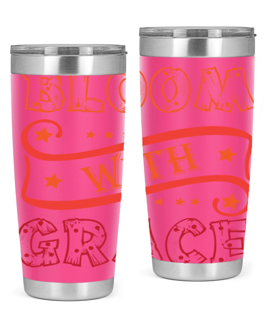 Bloom with Grace 20oz Tumbler in stainless steel with a vibrant floral design, featuring a press-in drink-thru lid.