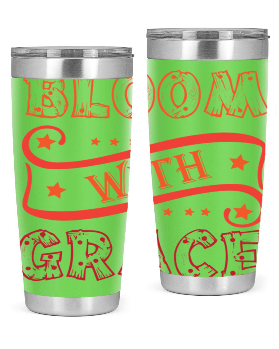 Bloom with Grace 20oz Tumbler in stainless steel with a vibrant floral design, featuring a press-in drink-thru lid.