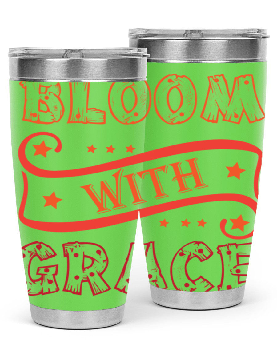 Bloom with Grace 20oz Tumbler in stainless steel with a vibrant floral design, featuring a press-in drink-thru lid.