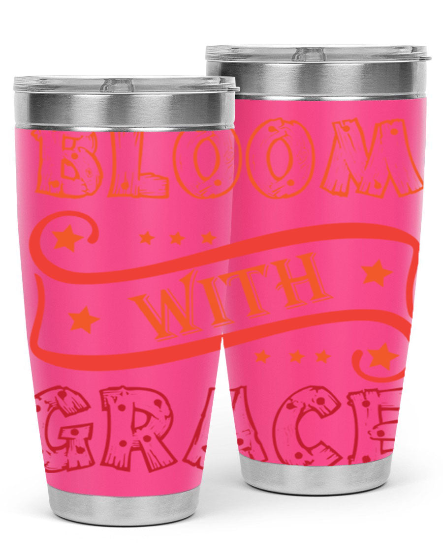 Bloom with Grace 20oz Tumbler in stainless steel with a vibrant floral design, featuring a press-in drink-thru lid.