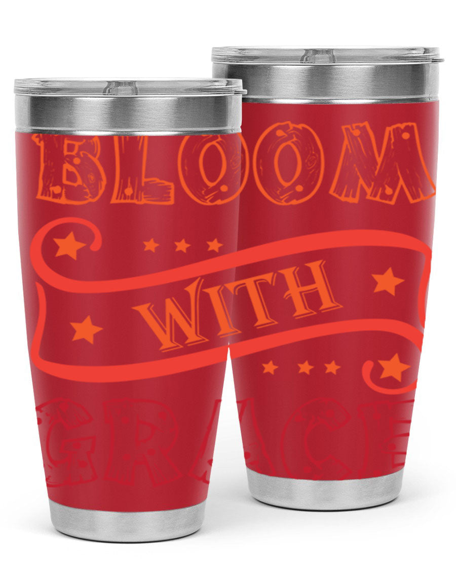 Bloom with Grace 20oz Tumbler in stainless steel with a vibrant floral design, featuring a press-in drink-thru lid.