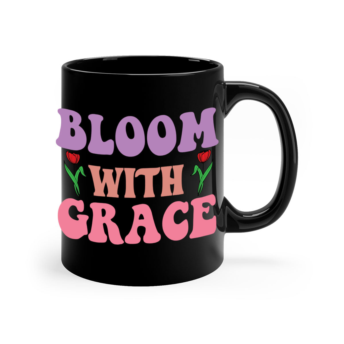 Bloom with Grace 90# Mug featuring a glossy finish, colored handle, and interior in five vibrant colors.