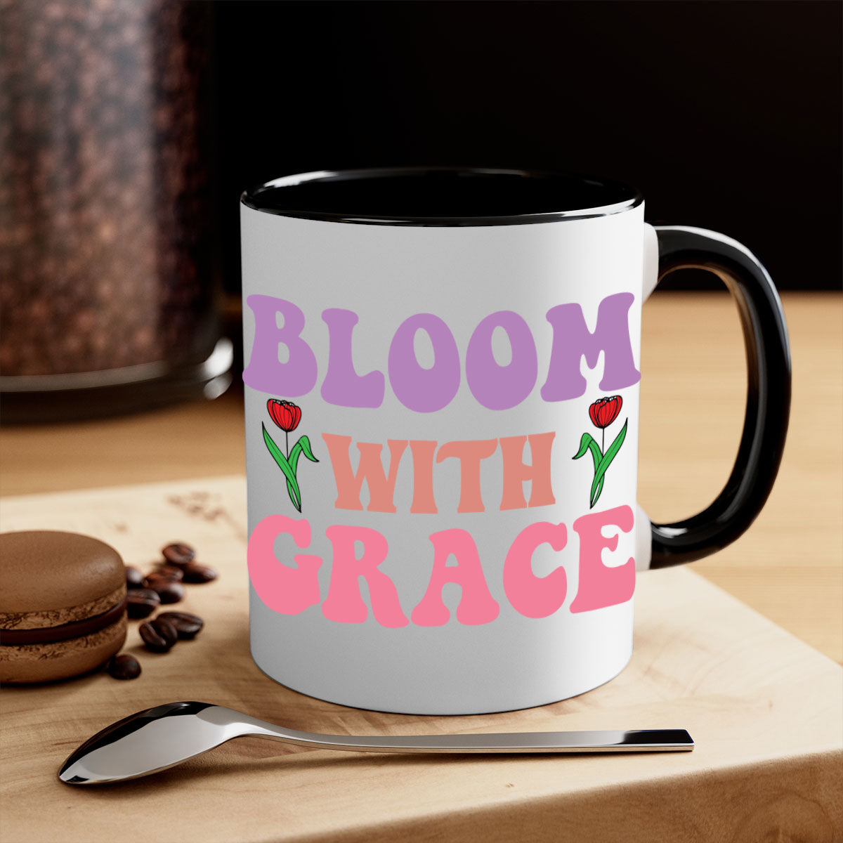 Bloom with Grace 90# Mug featuring a glossy finish, colored handle, and interior in five vibrant colors.