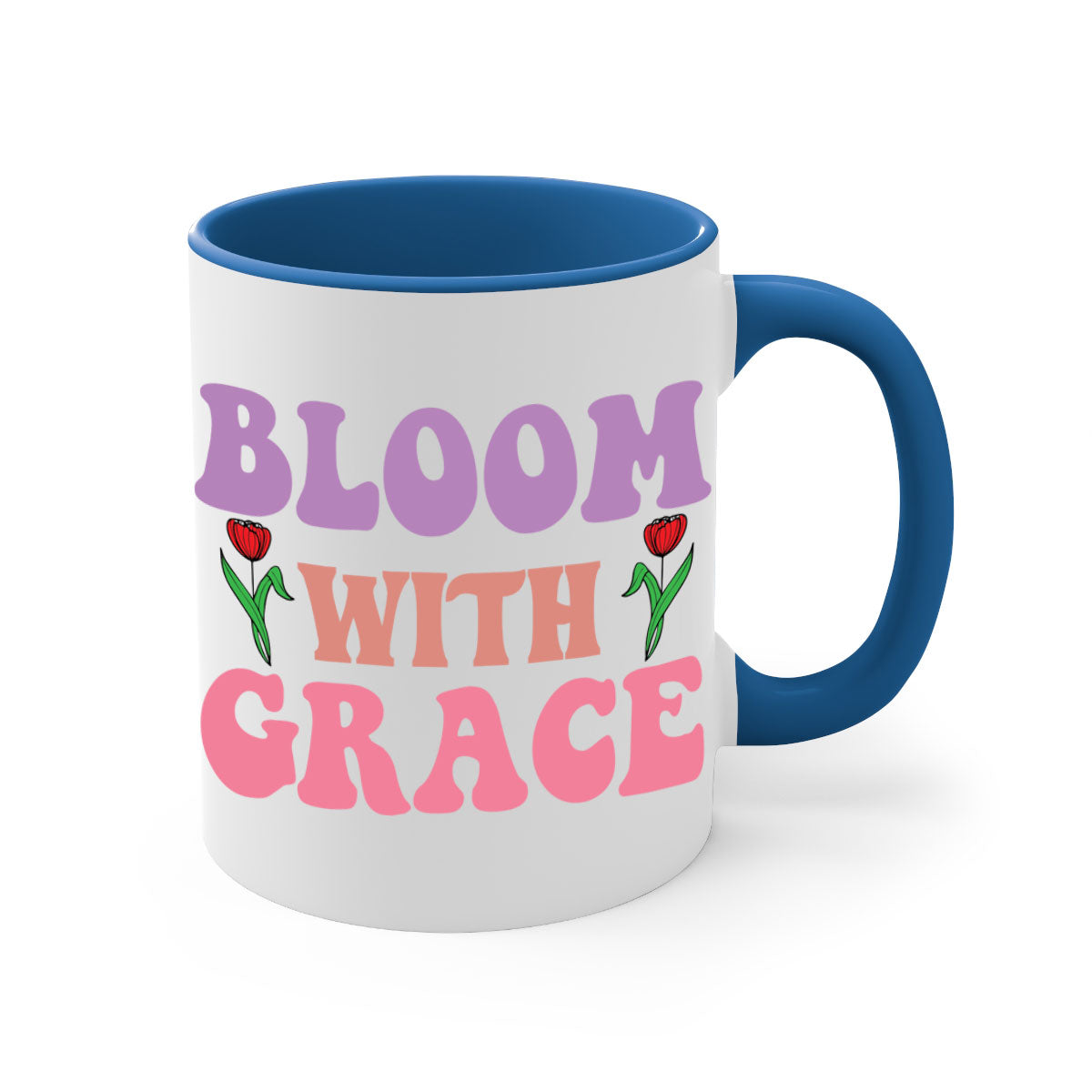 Bloom with Grace 90# Mug featuring a glossy finish, colored handle, and interior in five vibrant colors.