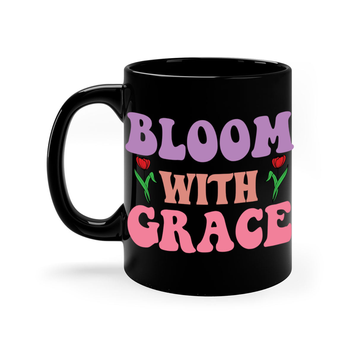 Bloom with Grace 90# Mug featuring a glossy finish, colored handle, and interior in five vibrant colors.