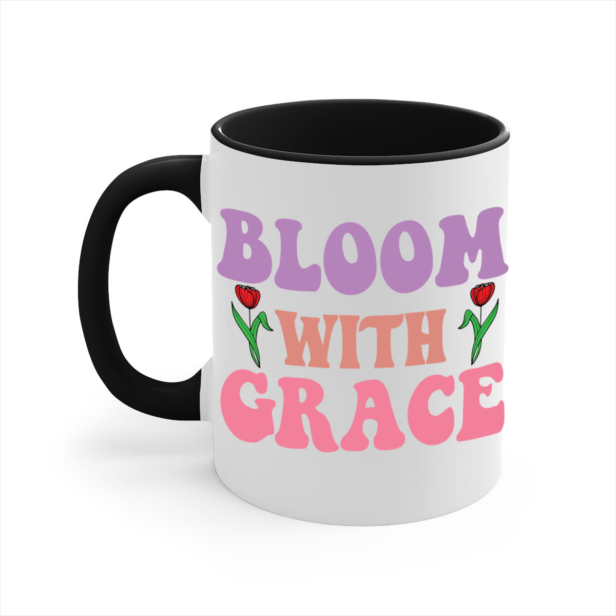 Bloom with Grace 90# Mug featuring a glossy finish, colored handle, and interior in five vibrant colors.