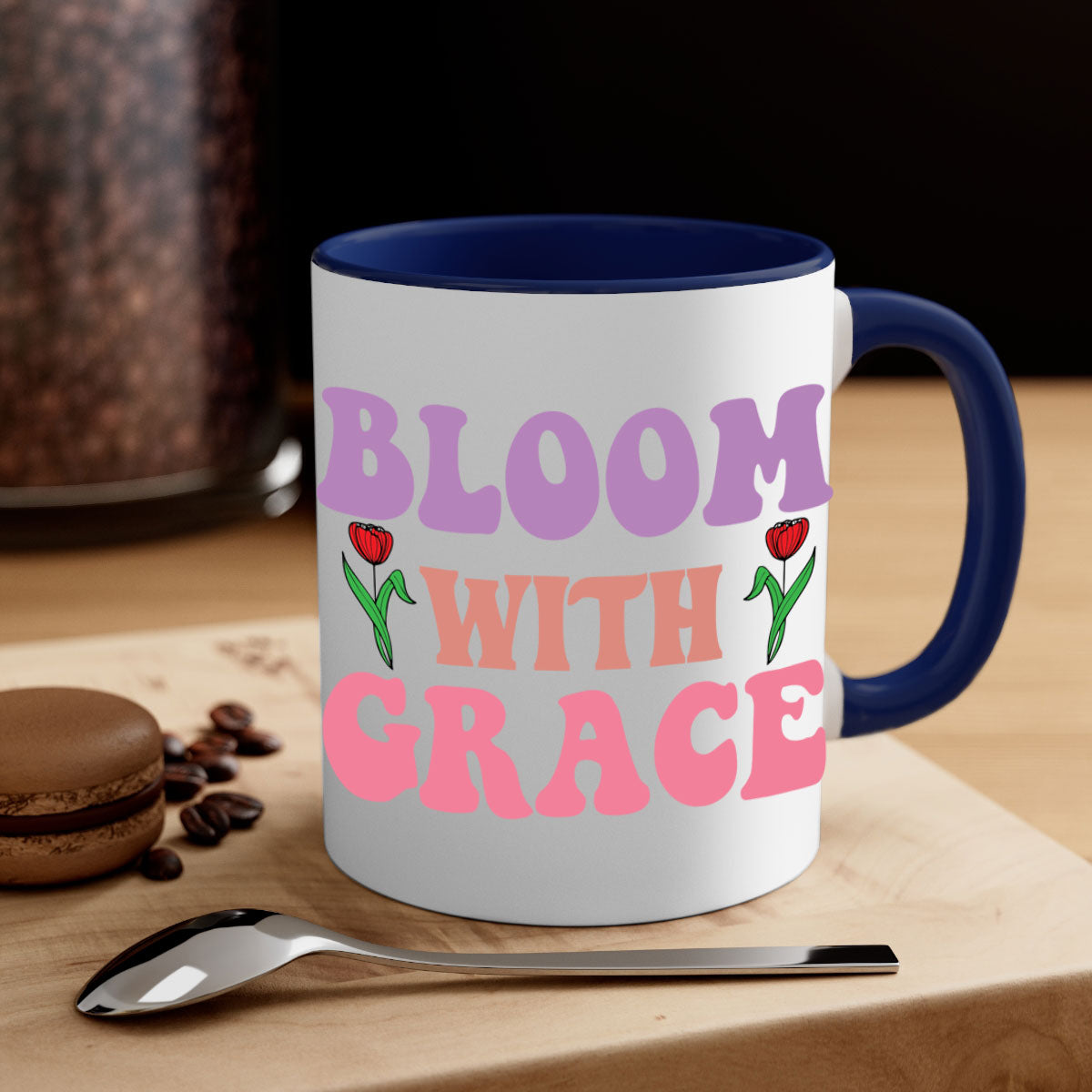 Bloom with Grace 90# Mug featuring a glossy finish, colored handle, and interior in five vibrant colors.