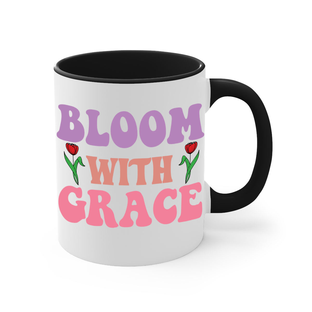 Bloom with Grace 90# Mug featuring a glossy finish, colored handle, and interior in five vibrant colors.