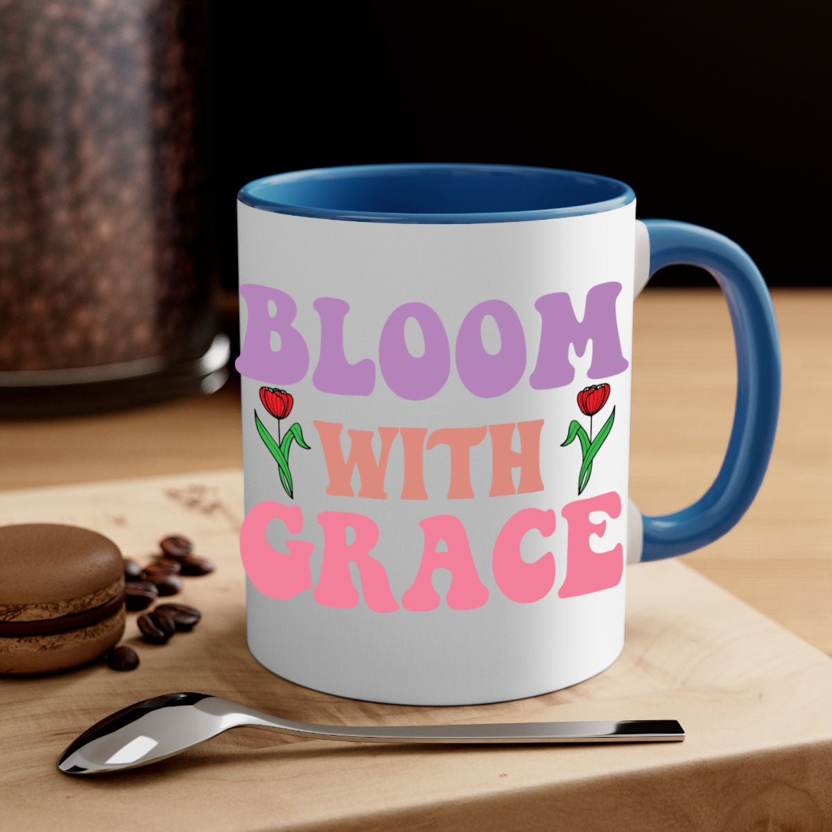 Bloom with Grace 90# Mug featuring a glossy finish, colored handle, and interior in five vibrant colors.