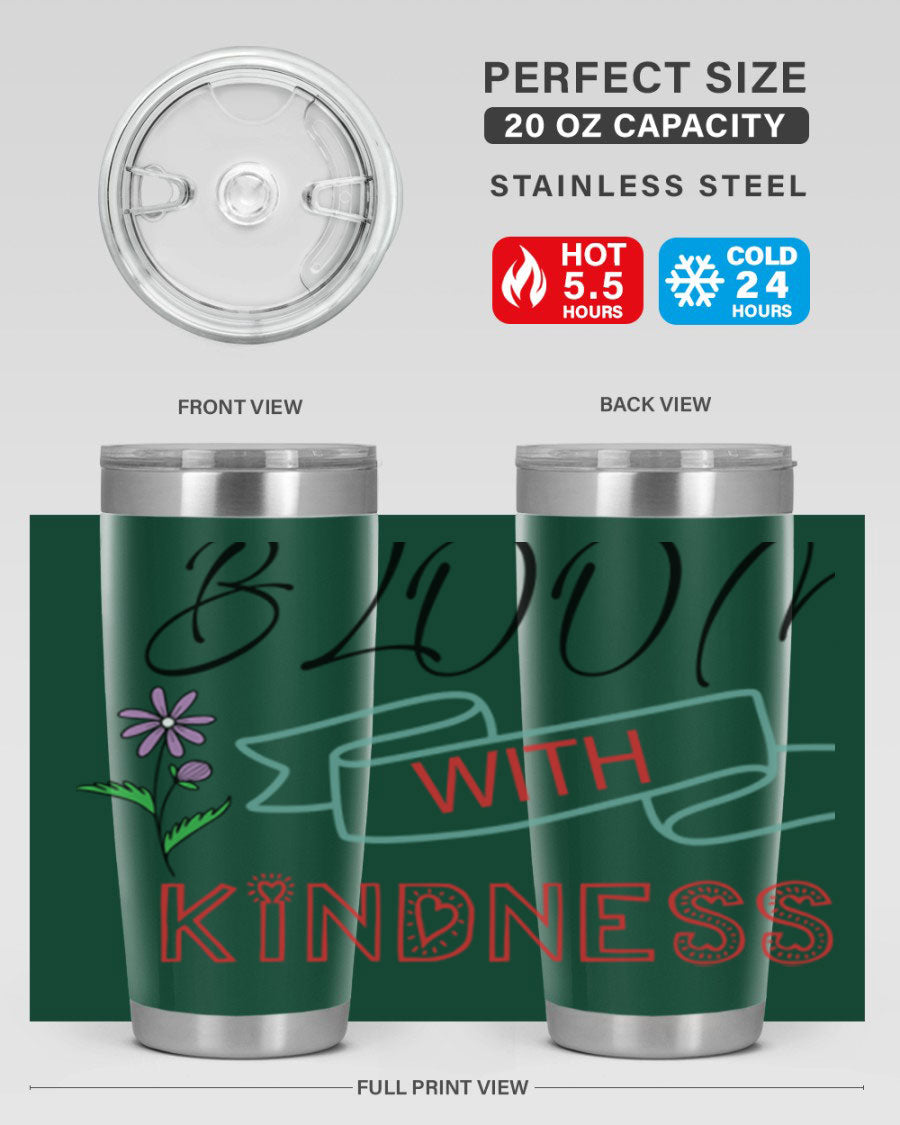 Bloom with Kindness 20oz Tumbler made of stainless steel with a vibrant design, featuring a drink-thru lid.