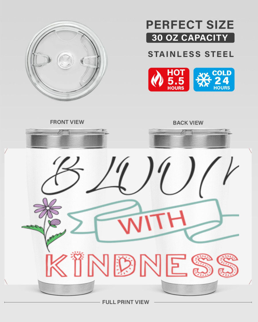 Bloom with Kindness 20oz Tumbler made of stainless steel with a vibrant design, featuring a drink-thru lid.