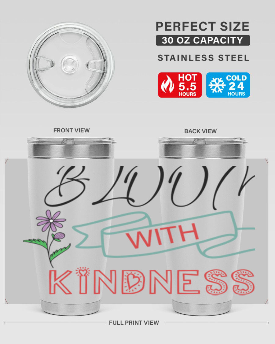 Bloom with Kindness 20oz Tumbler made of stainless steel with a vibrant design, featuring a drink-thru lid.