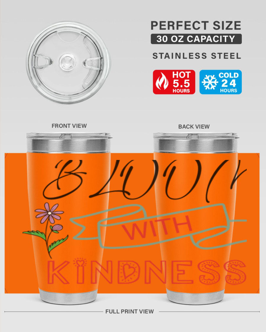 Bloom with Kindness 20oz Tumbler made of stainless steel with a vibrant design, featuring a drink-thru lid.