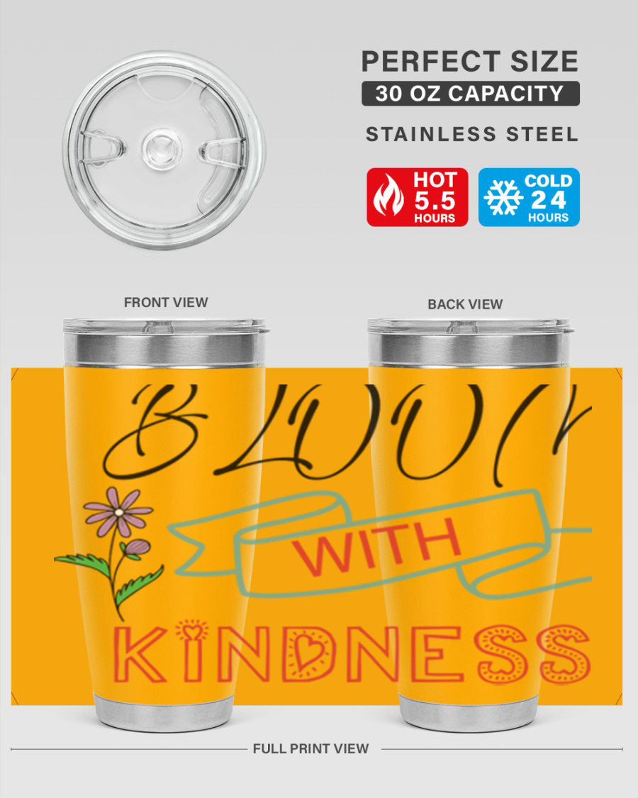 Bloom with Kindness 20oz Tumbler made of stainless steel with a vibrant design, featuring a drink-thru lid.