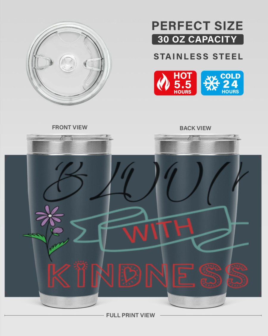 Bloom with Kindness 20oz Tumbler made of stainless steel with a vibrant design, featuring a drink-thru lid.