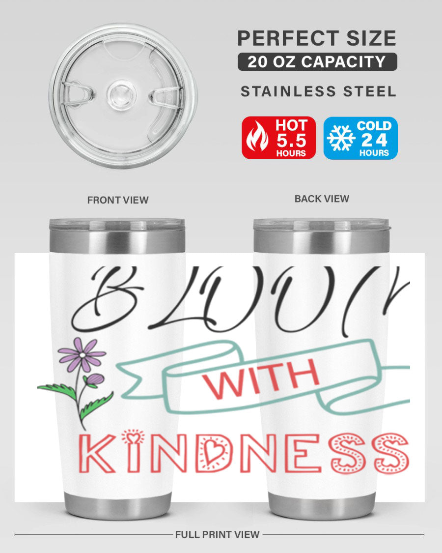 Bloom with Kindness 20oz Tumbler made of stainless steel with a vibrant design, featuring a drink-thru lid.