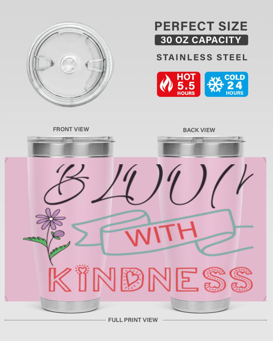 Bloom with Kindness 20oz Tumbler made of stainless steel with a vibrant design, featuring a drink-thru lid.