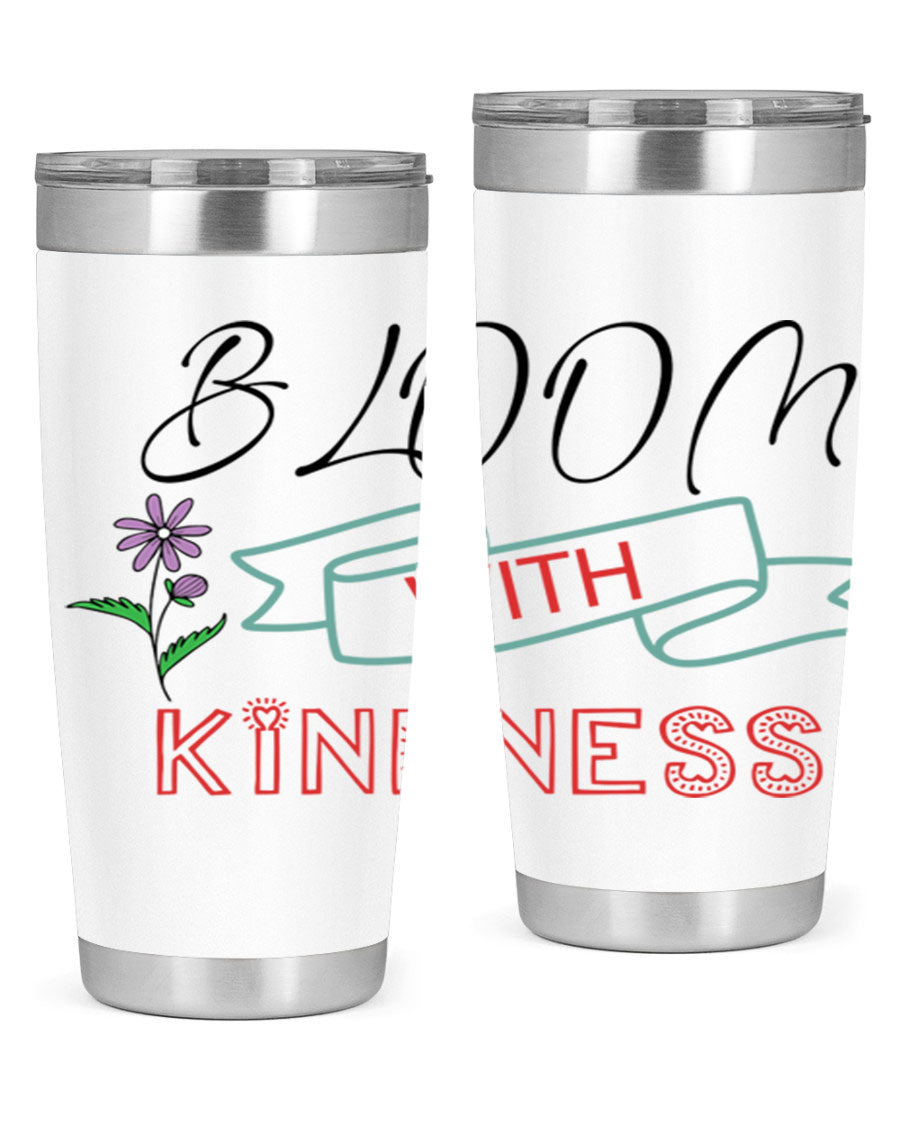 Bloom with Kindness 20oz Tumbler made of stainless steel with a vibrant design, featuring a drink-thru lid.