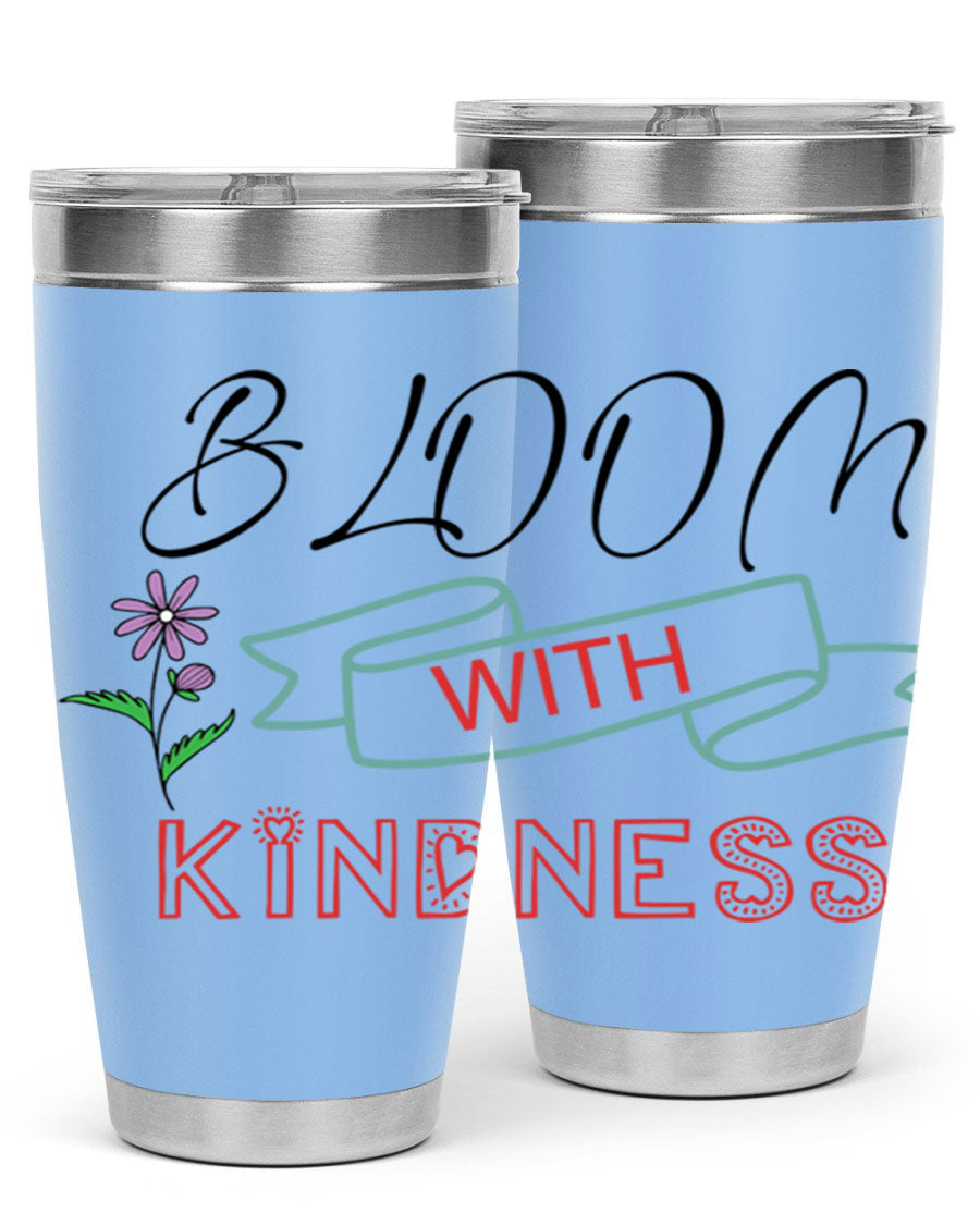 Bloom with Kindness 20oz Tumbler made of stainless steel with a vibrant design, featuring a drink-thru lid.